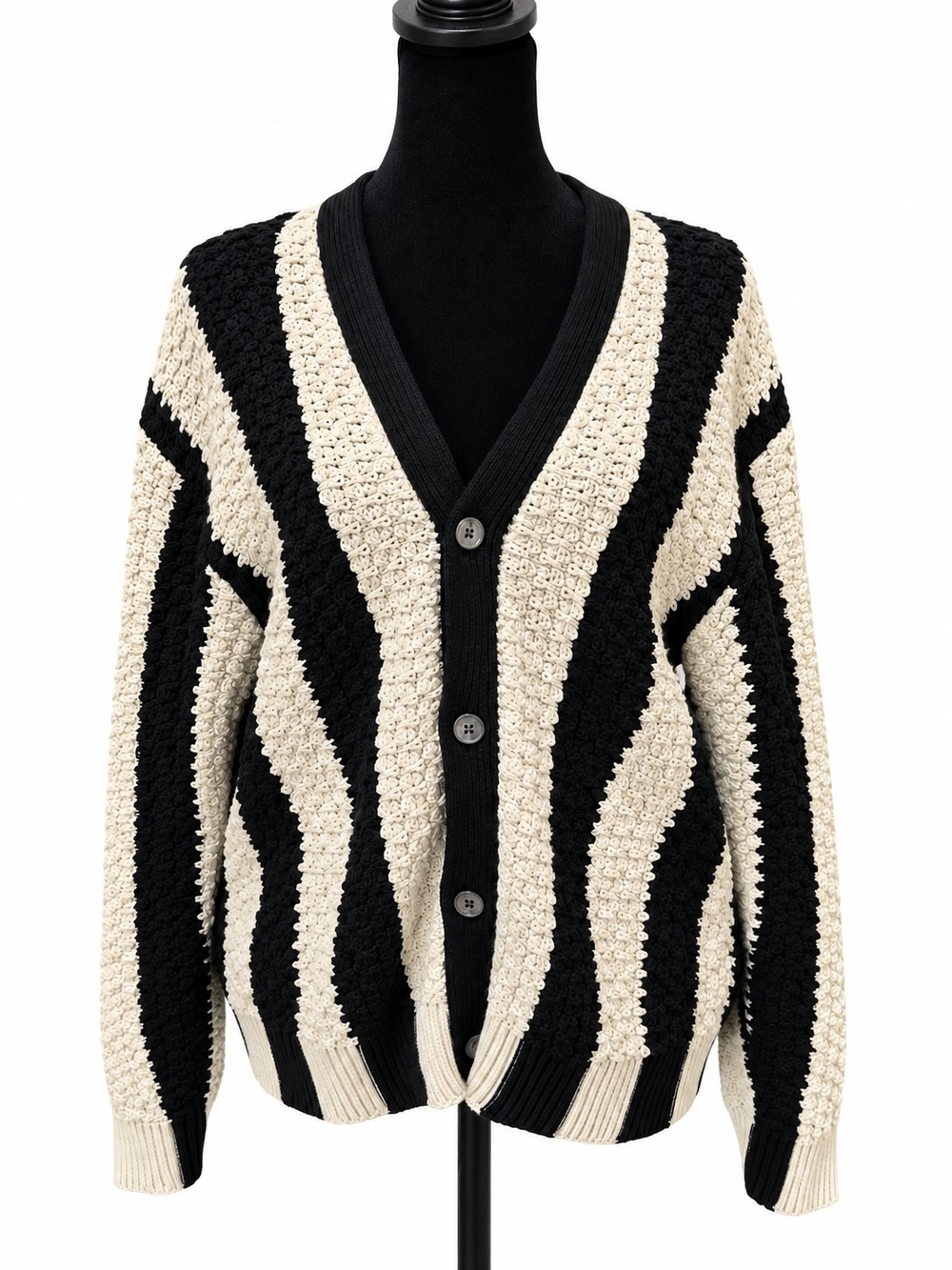 PacSun Women’s S Black Cream Striped Chunky Knit Button Cardigan